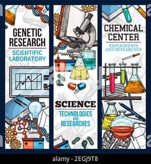 Scientific banner sketch style. Vector banners for chemical center, concept of experiments and researchers. Genetic research scientific laboratory con Stock Vector