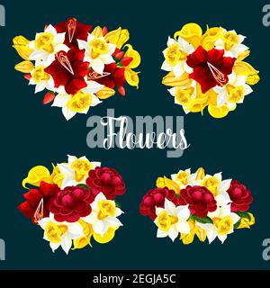 Vector poster with red, white and yellow flowers. Seamless floral pattern with flowers of callas, narcissus and peony. Flowers compositions on black b Stock Vector