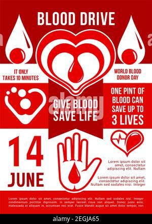 Vector banner in red color, concept of donation, give blood. Give blood - save life, celebration of World blood donor day. Blood donation as charity, Stock Vector