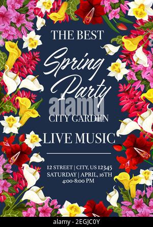 Spring time music festival invitation poster or card for city garden seasonal holiday event. Vector design of floral bunches and frame wreath of sprin Stock Vector