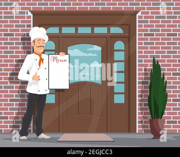 Chef with menu inviting to restaurant or cafe. Vector flat design of restaurant facade door and man chef in hat and red scarf holding menu and showing Stock Vector