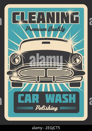 Vector poster with vintage car wash service design. Old fashioned advertising for auto washing company. Retro style car washing banner on blue backgro Stock Vector