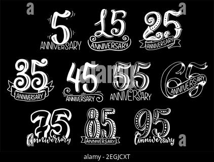 Anniversary dates signs vector set. Icons set with numbers of age or wedding anniversary. Vector set of anniversary festive numbers 15 or 15, 35 and 4 Stock Vector