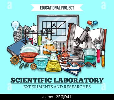 Science laboratory sketch poster for scientific research and experiments. Vector design of genetics DNA molecule, chemical laboratory beakers and scie Stock Vector
