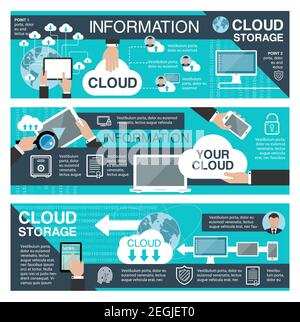 Cloud data storage banner set for network and information technology concept. Business cloud computing flat poster with computer, laptop and mobile de Stock Vector