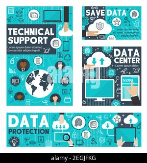 Cloud data storage, data center technical support and information protection banner. Network user with digital device of computer, laptop and mobile p Stock Vector