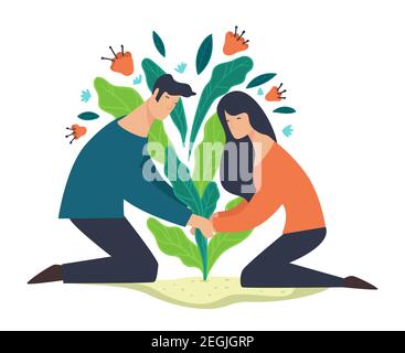 Man and woman planing seedling of flower or tree Stock Vector