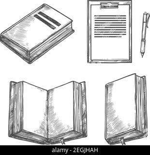 Book, notebook, pen and clipboard sketch set. Open book with empty page, ballpoint pen and paper clipboard with pen holder. Office stationery and writ Stock Vector