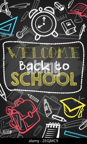 Back to school banner on blackboard with chalk pattern of school supplies and education items. Book, pencil, pen and ruler, backpack, clock and gradua Stock Vector