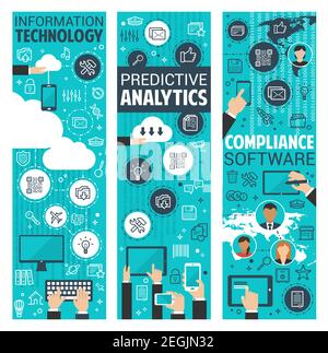 Business strategy and analysis flat banner set with information technology and analytics thin line icon. Laptop computer, mobile phone and tablet digi Stock Vector