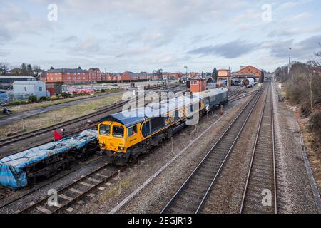 GBRF 66702 transfers 69001 from the mainline to the Severn Valley Railway at Kidderminster. Stock Photo