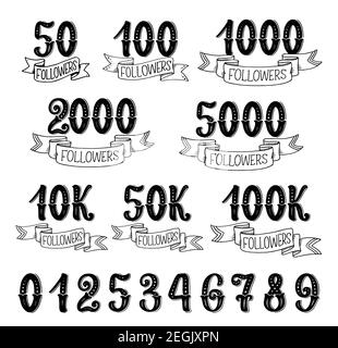 Followers quantity number icons for social nets subscribers. Vector isolated numbers lettering in retro design set of 10, 100 hundreds and thousands f Stock Vector