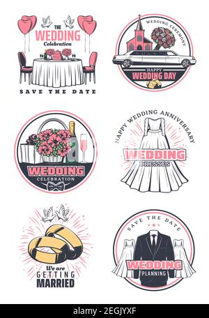 Wedding ceremony celebration retro icon set. Wedding bride dress, groom suit and rings, bridal flower bouquet, wedding car and church, heart balloon, Stock Vector