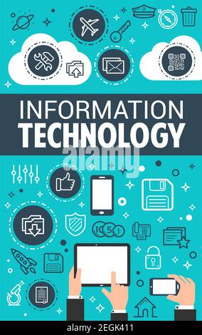 Information technology and internet search content poster for social network and communication. Vector flat design for digital cloud network system of Stock Vector