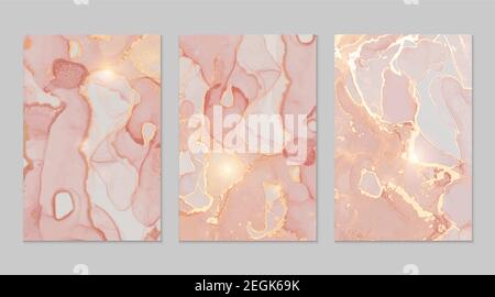Rose, peach, gold marble abstract backgrounds. Set of alcohol ink technique vector stone textures. Modern paint with glitter. Template for banner, pos Stock Vector