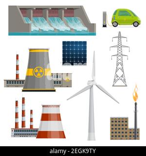 Power stations or energy production plants icons. Vector isolated flat set of electricity energy and powerhouse operating by coal, nuclear or water an Stock Vector