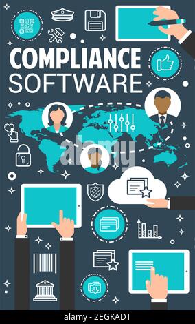 Compliance management software banner for regulatory compliance themes design. Regulation and control of conforming to standard, rule and law concept Stock Vector