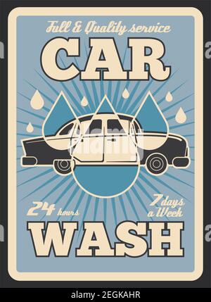 Car wash retro poster. Vector vintage design for car washing service or retro car and water drops splash on blue background for high quality transport Stock Vector