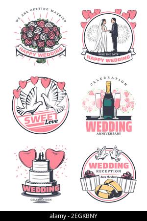 Happy wedding celebration vintage symbol. Bride and groom, wedding bouquet, cake and gold ring, gift box, champagne and dove retro icon, adorned by ba Stock Vector