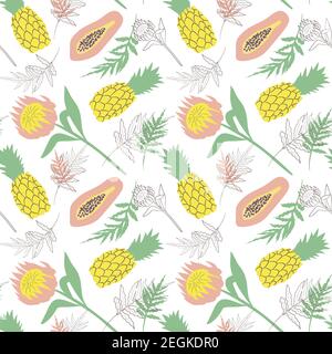 Seamless pattern with tropical flowers, leaves and fruits. Stock Vector