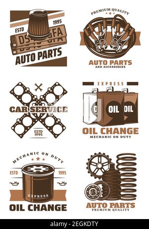 Car service retro icon of motor oil change shop, auto parts store and auto repair station emblem design. Vintage motor oil can, gear wheel and number Stock Vector