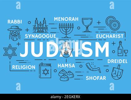 Judaism poster of Jewish religious symbols. Vector thin line design of David star and Torah Judaism religion book, rabbi synagogue or menorah, Euchari Stock Vector