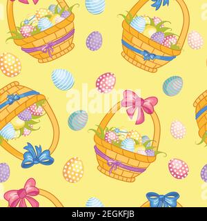 Seamless vector pattern with Easter concept. Cute cartoon baskets with easter eggs. Colorful illustration isolated on yellow background. For print, t- Stock Vector