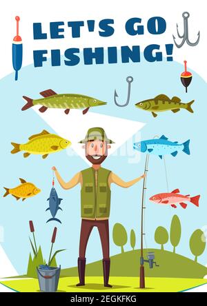 Lets go fishing poster, fishing sport theme design. Fisherman standing on  river bank with fishing rod, fish catch and net, tackle, float and bait,  sal Stock Vector Image & Art - Alamy