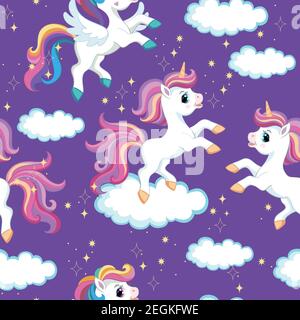 Seamless vector pattern with cute cartoon character unicorn with clouds and sparkle. Colorful illustration isolated on purple background. For print, t Stock Vector