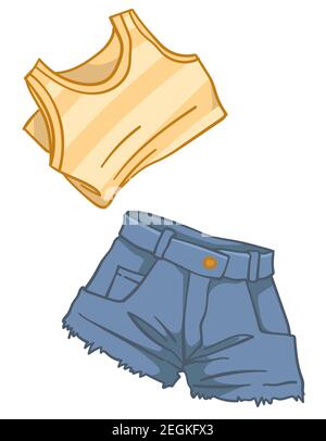 Jeans shorts and top, clothes for summer season Stock Vector
