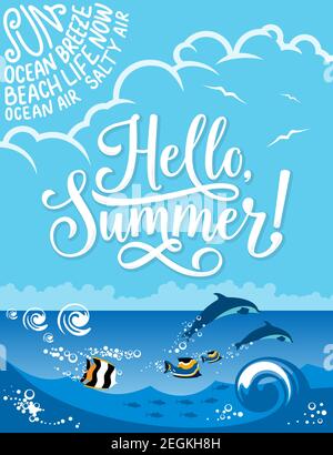 Hello Summer poster for beach holiday, vacation and travel design. Blue sea with tropical fish and dolphin jumping in water wave banner with calligrap Stock Vector