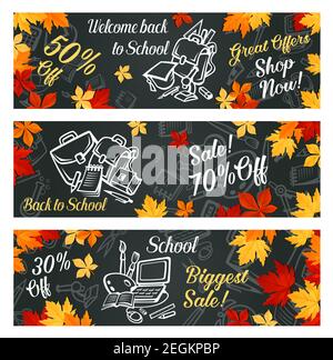Welcome Back to School sale banners of school bag and lesson stationery for September promo offer on blackboard background. Vector school book or note Stock Vector