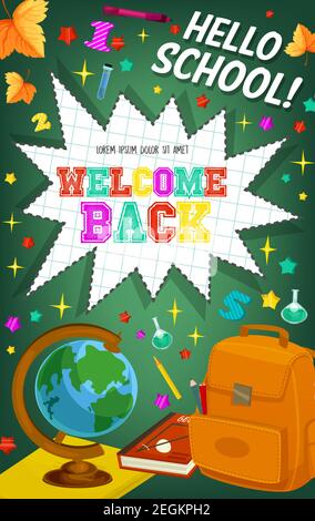 Welcome Back to School poster of star bang, numbers or stars and maple leaf pattern on chalkboard background. Vector Hello school design of book, penc Stock Vector