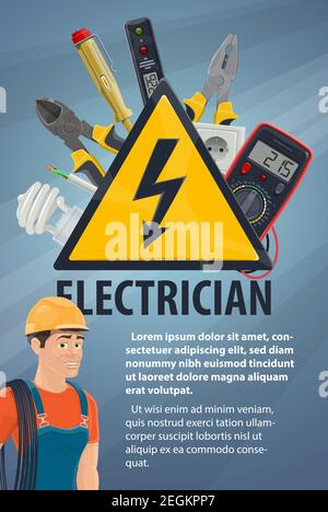 Electrician with electrical equipment and work tool banner. Electrician or lineman in hard hat with wire, screwdriver and light bulb, pliers socket an Stock Vector