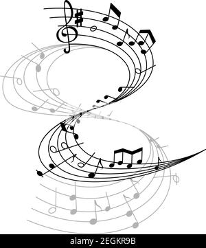 Music notes on scale isolated vector. Musical design elements in black and white colors. Various musical notes on stave. Abstract background with musi Stock Vector