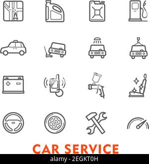 Car service thin line icon set for auto repair and maintenance station. Wheel, engine and motor oil, battery, speedometer and navigation system, spann Stock Vector