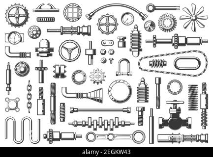 Machine parts vector icons chain, pipe and coupling, gear or pinion. Monochrome clamp, nut, crankshaft and timing belt with steering screw, hose and f Stock Vector