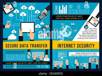 Internet security and secure data transfer poster for digital technology. Vector brochure of data streams or cloud storage and online communications w Stock Vector