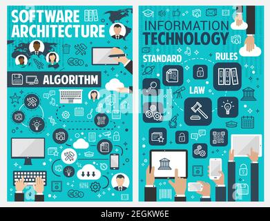 Information technology banner of internet, data storage and communication concept. Computer, laptop, mobile phone and tablet network with social media Stock Vector