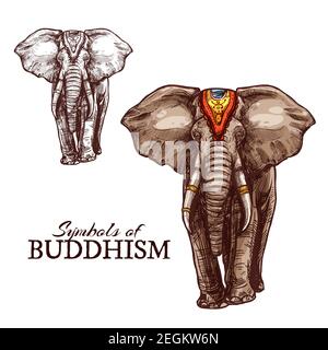 Indian elephant sketch of buddhism religion animal. Elephant animal symbol of physical and mental strength in buddhism religion, decorated with silk c Stock Vector