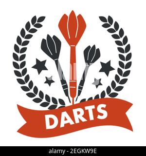 Darts game, banner with stars and ribbon text Stock Vector