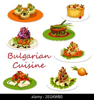 Bulgarian cuisine icon of healthy lunch food. Baked pepper with cheese, zucchini and cheese on toast, cabbage salad, fruit pie and bean stew with beef Stock Vector