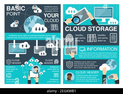 Cloud storage concept banner set of cloud computing information technology. Digital devices of computer, mobile phone and laptop communicating and sha Stock Vector