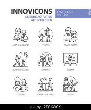 Leisure activities for children - line design style icons set. Parents spending time with kids idea. Arts and crafts, fitness, board and outdoor games Stock Vector