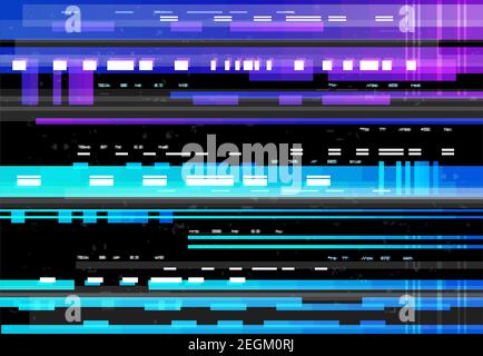 Abstract background with glitch effect, vector glitched distortion colored horizontal stripes, numbers and random pixels on black screen. Television d Stock Vector