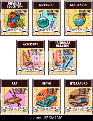 School science and education isolated card with back to school supplies. Maths, physics, chemistry, art and geography sketch symbols with pencil, book Stock Vector