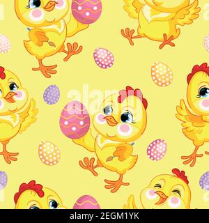 Seamless vector pattern with Easter concept. Cute chickens and easter eggs. Colorful illustration isolated on yellow background. For print, t-shirt,de Stock Vector