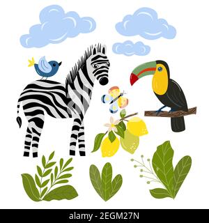 Set of tropical animals - zebra, toucan, butterfly Stock Vector