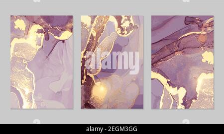 Set of purple and gold marble abstract patterns. Alcohol ink technique stone texture. Vector background. Modern paint with glitter. Banner, poster des Stock Vector