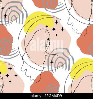 Seamless pattern with single line drawing of woman portrait with moon and stars with abstract geometric neutral shapes Stock Vector